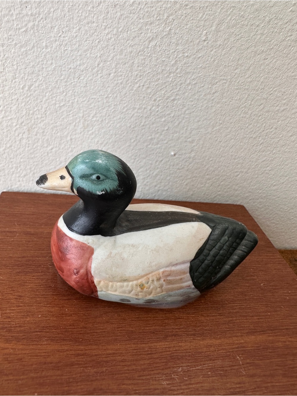 Hand-Painted Wooden Duck Figurine in Green, Black, Red and Cream - Picture 5 of 7